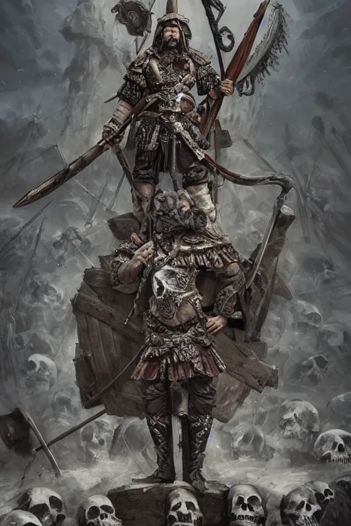 Prompt: a distant shot of a Ukrainian barechest cossack with a sword standing alone on a pile of skulls as a winner, masculine figure, D&D, fantasy, intricate, elegant, highly detailed, extremely detailed, digital painting, artstation, concept art, matte, sharp focus, symmetrical, illustration, art by Artgerm and Greg Rutkowski and Alphonse Mucha