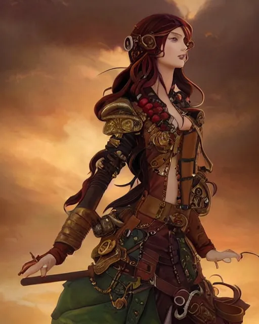 Image similar to a beautiful half body 2D illustration of a young female steampunk pirate wearing leather armor on gold and red trimmings on green, by Charlie Bowater, tom bagshaw, Artgerm and Lois Van Baarle, very cool pose, pirate ship with an epic sky background, slightly smiling, cinematic anime lighting and composition, fantasy painting, very detailed, ornate, trending on artstation and pinterest, deviantart, google images