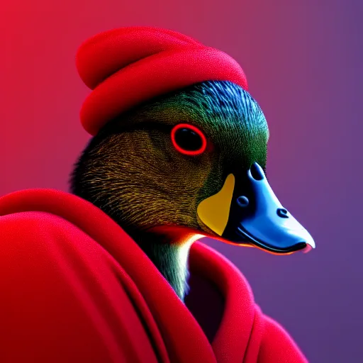 Image similar to portrait of cute mallard duck, wearing cultist red robe, inside a castle, black feathers, glowing arcane eyes, cgi, ultra detailed 3 d render, digital art, 8 k, octane render, unreal engine 5, trending on art station