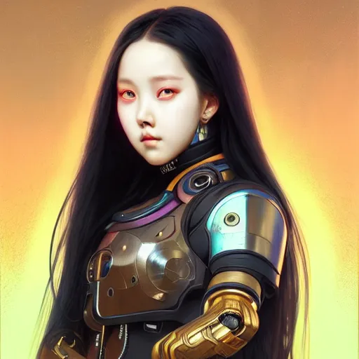 Prompt: portrait painting of olivia hye kpop as a cheerful smiling cyberpunk mercenary, ultra realistic, concept art, intricate details, eerie, highly detailed, photorealistic, octane render, 8 k, unreal engine. art by artgerm and greg rutkowski and magali villeneuve and alphonse mucha