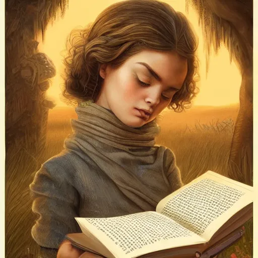 Image similar to village girl reading a book, cinematic, intricate, elegant, highly detailed, digital painting, artstation, concept art, smooth, sharp, focus, illustration, art by artgerm and Johfra Bosschart