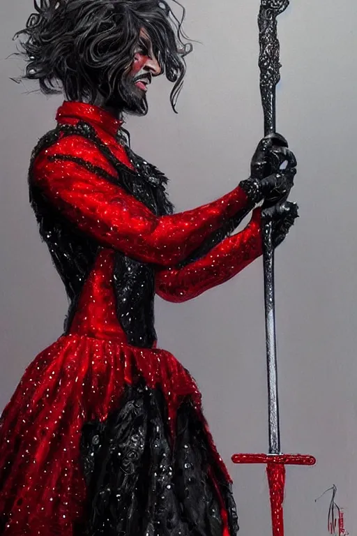 Image similar to Lord Licorice in a red and black sequins gown holding a peppermint sword, painting by Artgerm