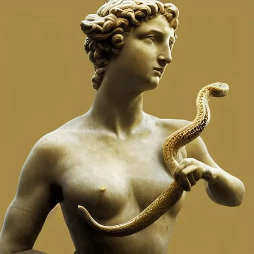 Prompt: greek or roman sculpture in marble of a female athlete holding a snake, in a museum background, hyperrealistic photograph in the style of bernini, golden hour