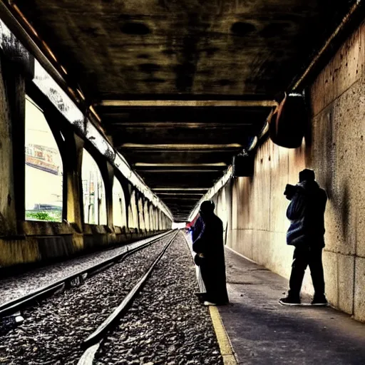 Image similar to poor people life under railway bridge, award winning, realistic, 2 0 0 0 p, hyper details, by steve mccury, best on adobe stock, cinematic, detailed place and people