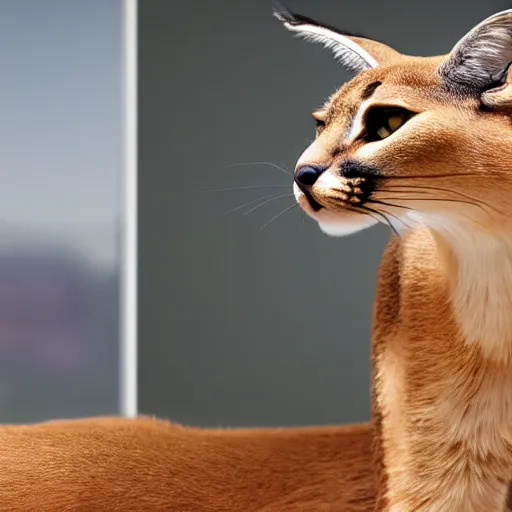 Image similar to a caracal playing with a pc, photorealistic, 8 k, ultra detailed