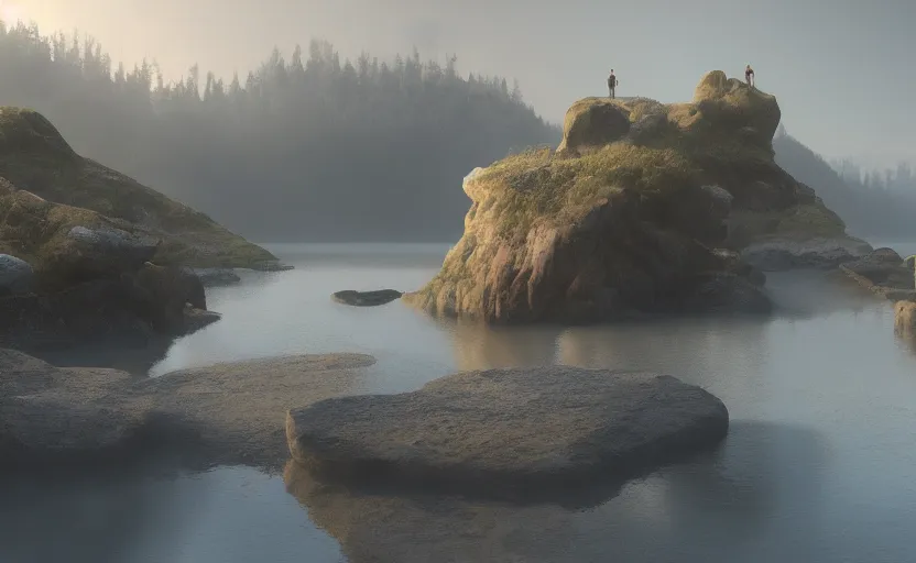 Image similar to a strange lake directed by charlie kaufman ( 2 0 0 1 ) anamorphic lenses, a rocky shore in the foreground, foggy volumetric light morning, a beam of light from the heavens, cinematic trending on artstation in the style of greg rutkowski