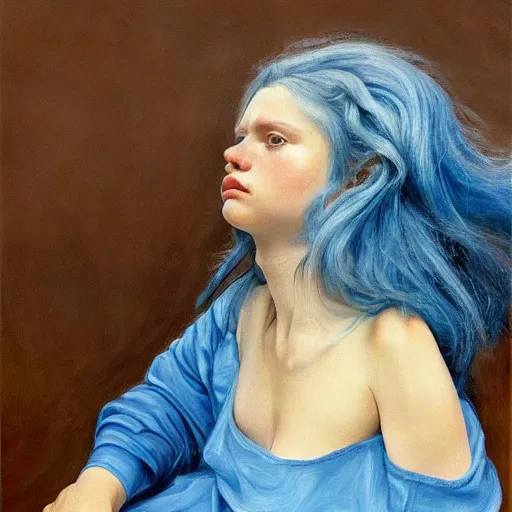 Image similar to high quality high detail painting by lucian freud, hd, blue hair girl portrait, photorealistic lighting