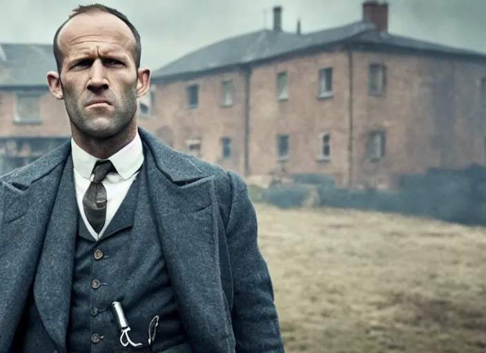 Image similar to film still of !!!!Jason Statham!!! as Thomas Shelby in Peaky Blinders, 4k