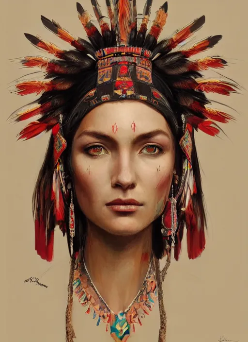 Image similar to gorgeous redskin woman wearing headdress, intricate, elegant, highly detailed, artstation, concept art, smooth, sharp focus, illustration, art by stefan kostic and greg rutkowski