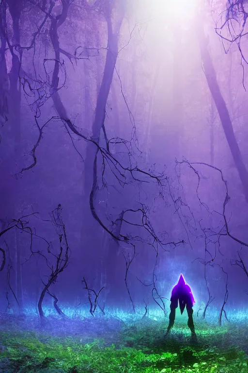 Image similar to a gigantic shaman figure within the purple forest as the sunlight breaks through the trees, neon blue cloak, smoke, smog, roots, mycelium, vines, ultradetailed, volumetric lighting, 4k UHD.