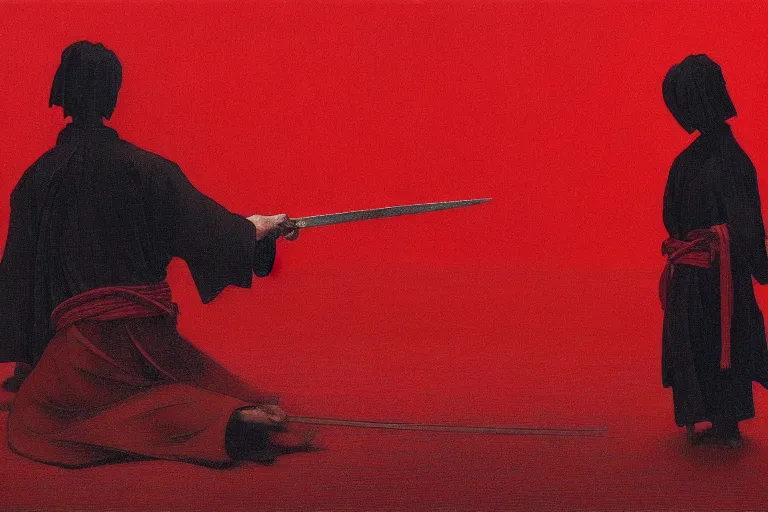 Image similar to only with red, a red samurai harakiri, tokio, a lot of frogs watch, in the style of beksinski, parts by edward hopper, parts by rodcenko, parts by yue minjun, intricate and epic composition, red by caravaggio, insanely quality, highly detailed, masterpiece, red light, artstation, 4 k