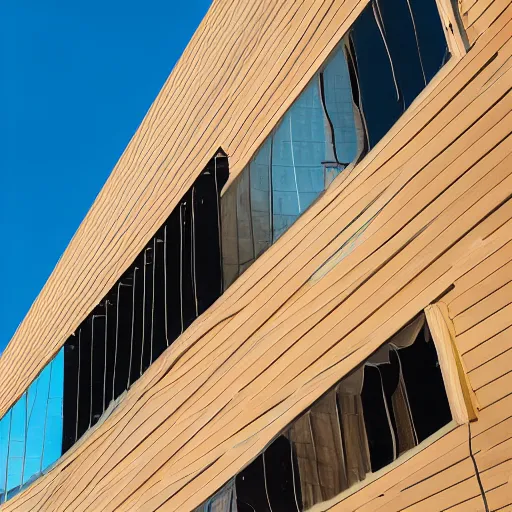Image similar to a photo of a sagging and bulging building facade. the facade is made of wood and translucent glossy plastic. the facade is an inflated balloon. closeup photo, architectural photography, 8k, photorealistic.