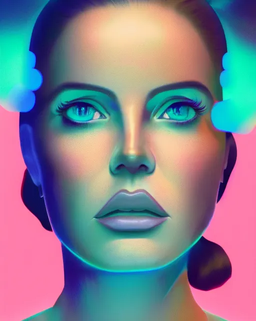 Image similar to portrait of lana del rey as a cyborg. intricate abstract. intricate artwork blue and pink lighting, by tooth wu, wlop, beeple, dan mumford. concept art, octane render, trending on artstation, greg rutkowski very coherent symmetrical artwork. cinematic, key art, hyper realism, high detail, octane render, 8 k, iridescent accents