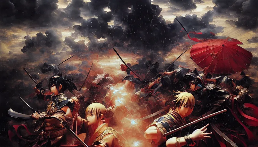 Image similar to baroque oil painting of key visual great samurai war, many warriors, rain, storm, final fantasy, fake detail, trending pixiv fanbox, acrylic palette knife, style of makoto shinkai takashi takeuchi yoshiyuki sadamoto greg rutkowski chiho aoshima