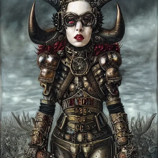 Image similar to a hyperrealistic portrait painting of a beautiful woman with demonic horns wearing steampunk goggles and ornate leather armor, walking into battle against an immense demonic army, by santiago caruso, highly detailed,