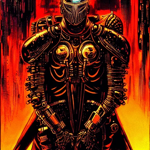 Image similar to cyberpunk knight, atmospheric lighting, painted, intricate, golden hour, ultra detailed by philippe druillet