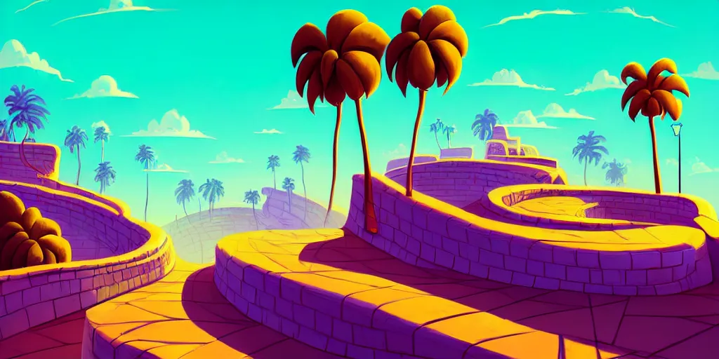 Image similar to curled perspective digital art of curvy clouds cobblestone street to a casino in top of a hill with palmtrees by anton fadeev from nightmare before christmas