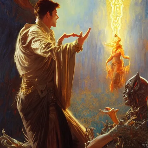 Image similar to attractive magician casts dark spell, summoning attractive lucifer morningstar. highly detailed painting by gaston bussiere, craig mullins, j. c. leyendecker 8 k