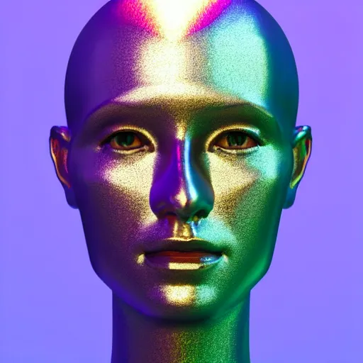 Image similar to 3d render of holographic human robotic head made of glossy iridescent, surrealistic 3d illustration of a human face non-binary, non binary model, 3d model human, cryengine, made of holographic texture, holographic material, holographic rainbow, concept of cyborg and artificial intelligence