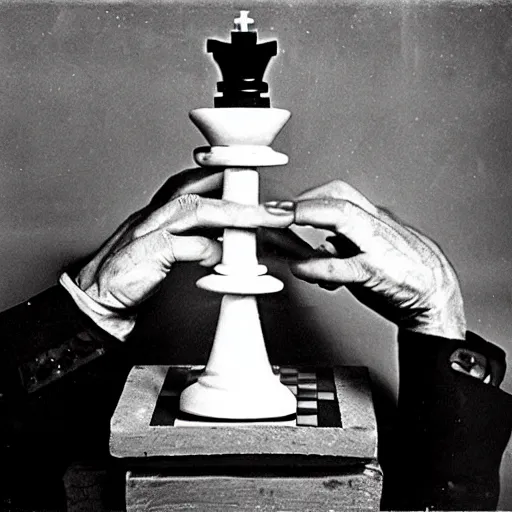 Prompt: a man holding up a bunch of chess pieces, a surrealist painting by marcel duchamp, complex artificial intelligence machinery, flickr contest winner, stuckism, surrealist, studio portrait, 1 9 2 0 s