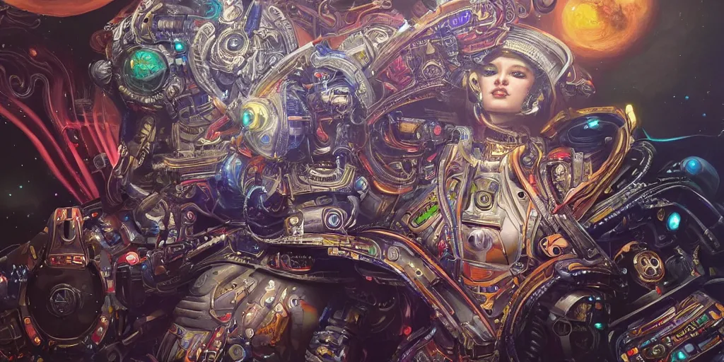 Image similar to a female robotic ai, she is painting cosmic art onto a canvas, insanely detailed and intricate, hypermaximalist, elegant, ornate, hyper realistic, super detailed, Art Deco, cinematic, trending on artstation, magic the gathering artwork, centered