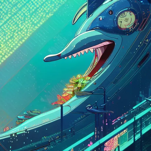 Image similar to a beautiful hyperdetailed character design 4 k wallpaper illustration of a cute dolphin, victo ngai cyberpunk style, from china, style of studio ghibli, makoto shinkai, raphael lacoste, louis comfort tiffany, artgerm, james jean, ross tran, chinese style