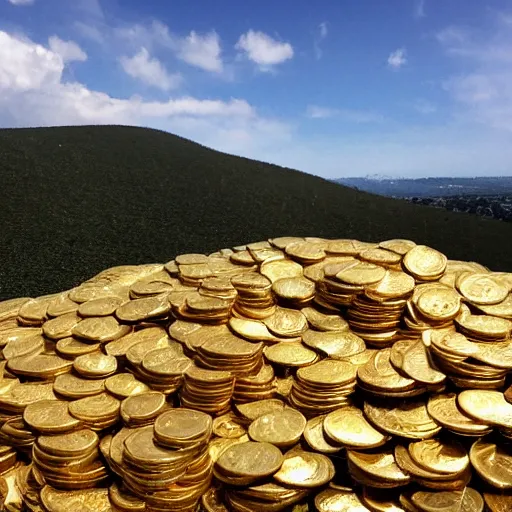 Image similar to millions of gold coins in a pile on top of a hill