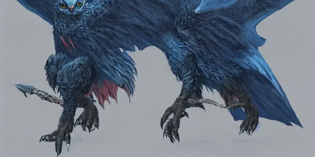 Image similar to Draconian dark reflective blue owl creature, character design sheet, Monster Hunter Illustrations art book, sharp and scaly feathers, huge wings, thick and strong legs, huge and sharp claws, red beak, Moebius, Greg Rutkowski, Zabrocki, Karlkka, Jayison Devadas, Phuoc Quan, trending on Artstation, 8K, ultra wide angle, zenith view, pincushion lens effect.