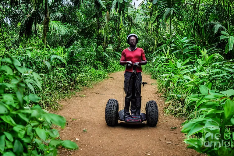 Prompt: a colonial closeup photograph of a Segway in a village at the river bank of Congo , Thick jungle, scary, evil looking, wide angle shot