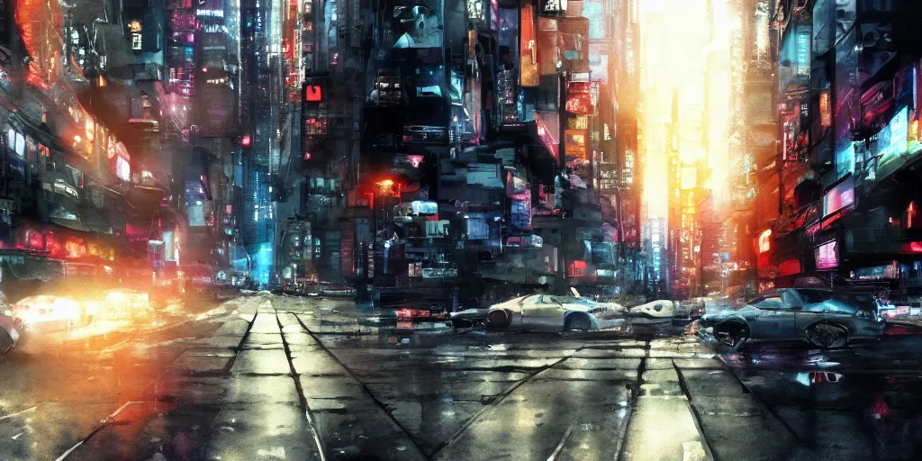 Image similar to the coming AI singularity, street scene, ultrawide watercolor, Ghost in the Shell