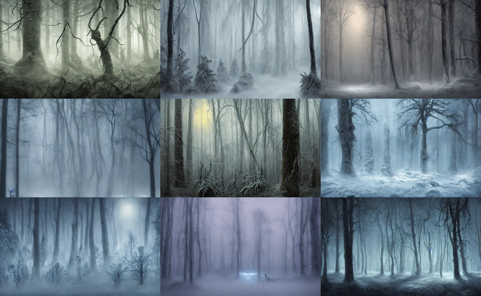 Prompt: artwork of an ice sculpture of a massive overgrown forest, night, fog, cold ambient light, artwork by gerald brom, beautiful, 4 k, masterpiece,