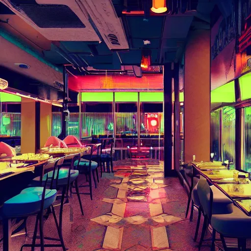 Prompt: wide angle photo of 60‘s retro fancy restaurant interior, neon-decorated urban on night in the city seen through the window,modern interior design, architectural design, vintage, night blade runner, dark, postapocalyptic, clean lines, 4k, octane, colorful ,lunarcore city seen at distance outside, big windows,octane, wide angle