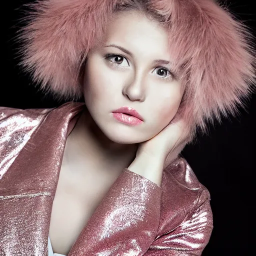 Prompt: female, beautiful, portrait, photograph, looking at viewer, silver pink black jacket