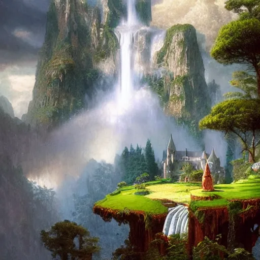 Prompt: beautiful illustration of a big castle in a fantasy world, waterfall in the background, green grass, by albert bierstadt, highly detailed, crystal lighting, mystical, forest, hyperrealistic, 4 k, unreal engine, magical, by joe fenton, by greg rutkowski, by greg tocchini, by kaws, by kate beaton, by kaethe butcher