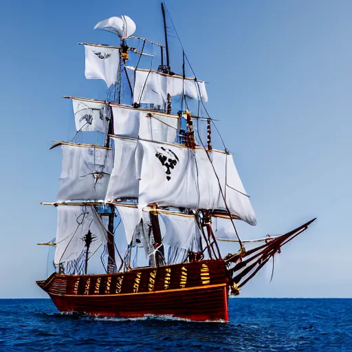 Prompt: a pirate ship with white sails and crimson hull with 3 masts, movie still
