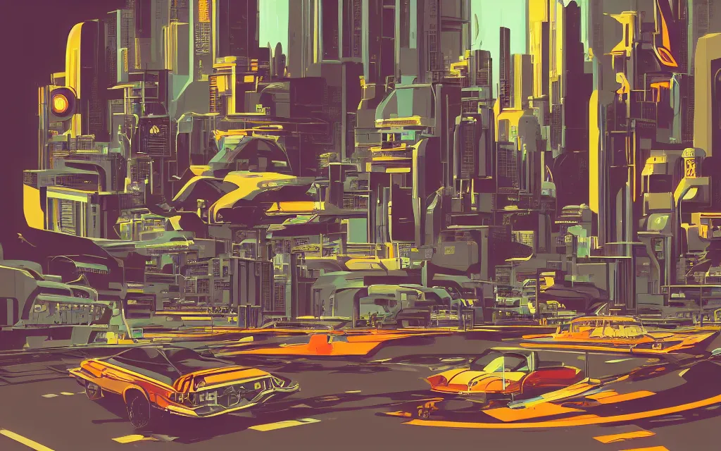 Prompt: retrofuturistic city, in the style of syd mead,