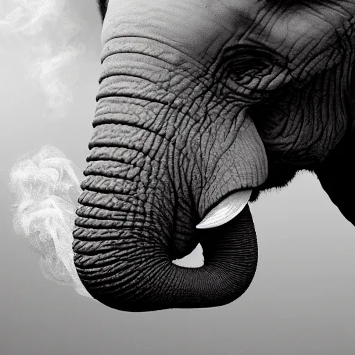 Image similar to ultra realistic photography, picture of ( subject : an elephant blowing smoke ). the scene is set in a gentlemens cigar lounge, a very smokey atmosphere, small thick clouds of cigar smoke, artstation, focus on the elephant, anatomically correct elephant features, extremely detailed and crisply sharp photo, hyperrealistic smoke, canon eos, 4 k