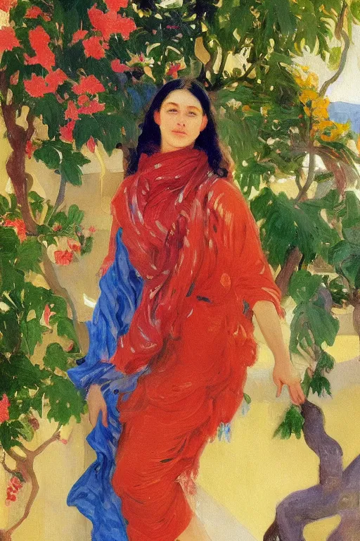 Image similar to a girl with arabesque red and blue and golden detailed scarf near bougainvillea and mexican palms, persian carpet, painting by john singer sargent