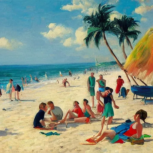 Prompt: A beautiful computer art of a group of people on a beach. The colors are muted and the overall tone is serene. The people are all engaged in different activities, from reading to playing games, and the artwork seems to be capturing a moment of peace and relaxation. by Max Pechstein beautiful