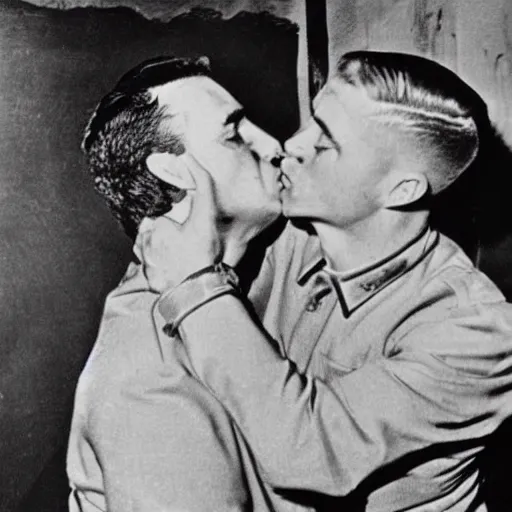 Prompt: a couple of two men kissing like a 1950's URSS Communist poster of propaganda