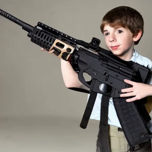 Prompt: boy from Diary of a Wimpy Kid holding an AR-15