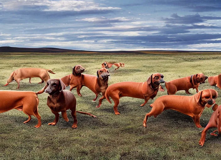 Prompt: Herd of dachshunds migrating in the Tundra, National Geographic photograph, very detailed, 8k