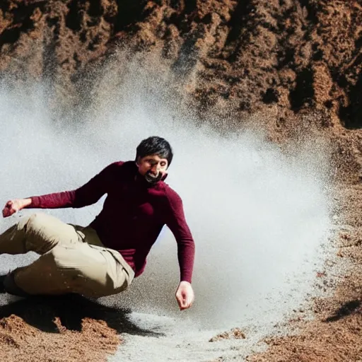 Prompt: a man sliding through brown pudding