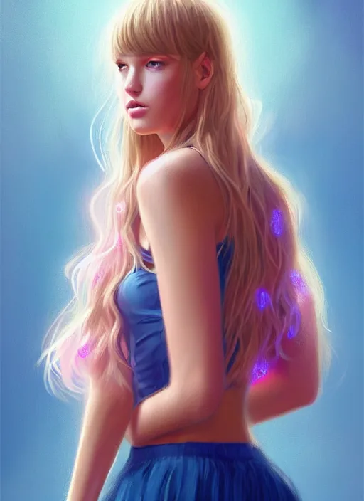 Prompt: full body portrait of teenage bar refaeli, bangs, blue eyes, sultry expression, blond hair, sultry smirk, bangs and wavy hair, pink skirt, intricate, elegant, glowing lights, highly detailed, digital painting, artstation, concept art, smooth, sharp focus, illustration, art by wlop, mars ravelo and greg rutkowski