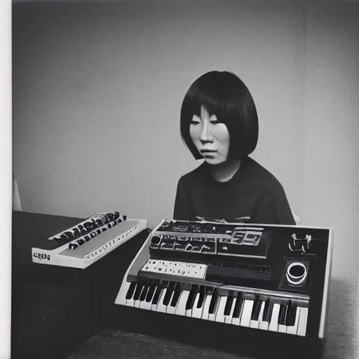 Image similar to 1 9 7 0 s polaroid of a female japanese musician playing a vintage modular synthesizer, hazy, faded