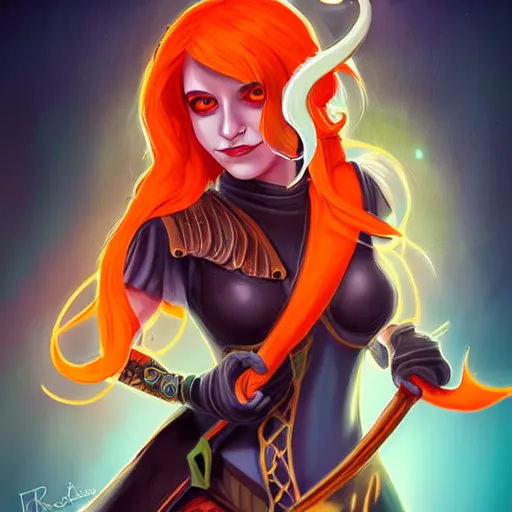 Image similar to illustrated portrait of youthful female feminine horned tiefling female bard with long blue bob cut hairstyle, her skin is orange and tanned, and her eyes are pure black orbs, and she is wearing colorful leather armor by rossdraws,