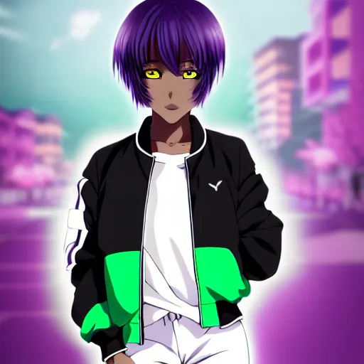 Image similar to anime poster film still portrait, young black woman, black black black woman, purple colored eyes!!!!, white french bob hairstyle, white hair color, green colored bomber jacket, detailed facial features, dynamic pose,, rimlight, cel shaded, 4 k