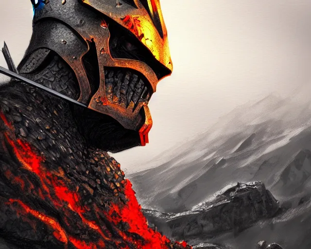 Prompt: realistic side view photo of a king in the mountains, angry, beautiful face, handsome, black iron armour, sword, lava, wide angle, dramatic lighting, intricate, wild, highly detailed, digital painting, artstation, concept art, smooth, sharp focus, illustration