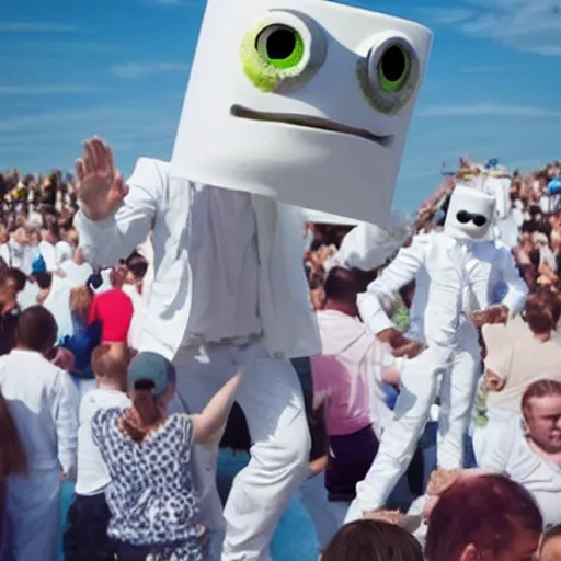 Prompt: marshmello prays to crazy frog with hands clasped