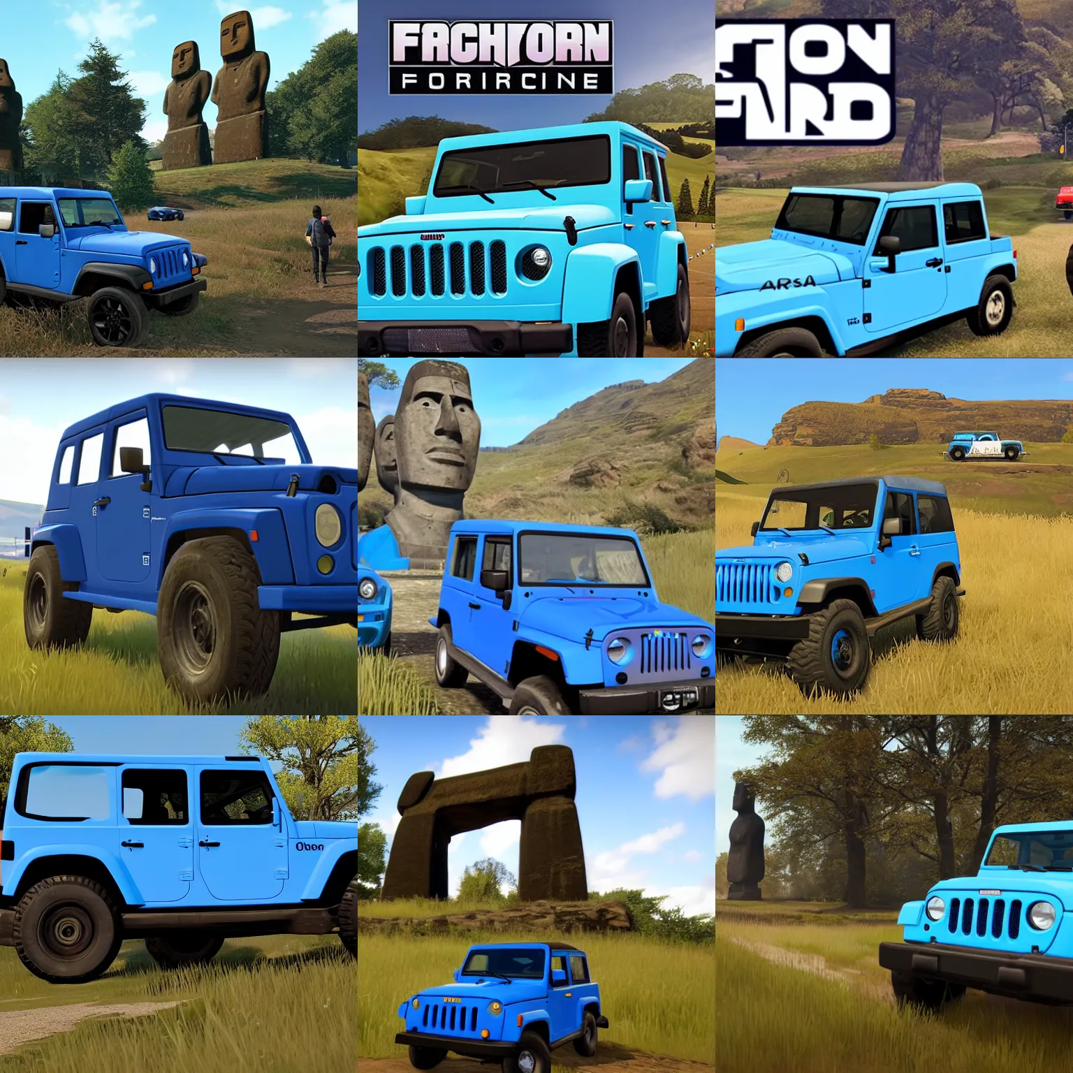 Prompt: moai in forza horizon 4 game with blue jeep poster style gta